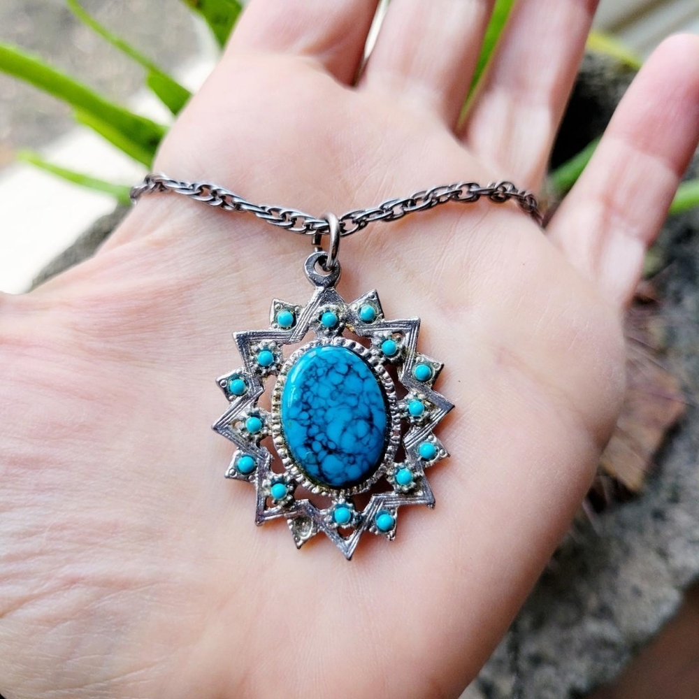 Vintage Medieval Style Turquoise Ornate Oval Silver Grey Necklace